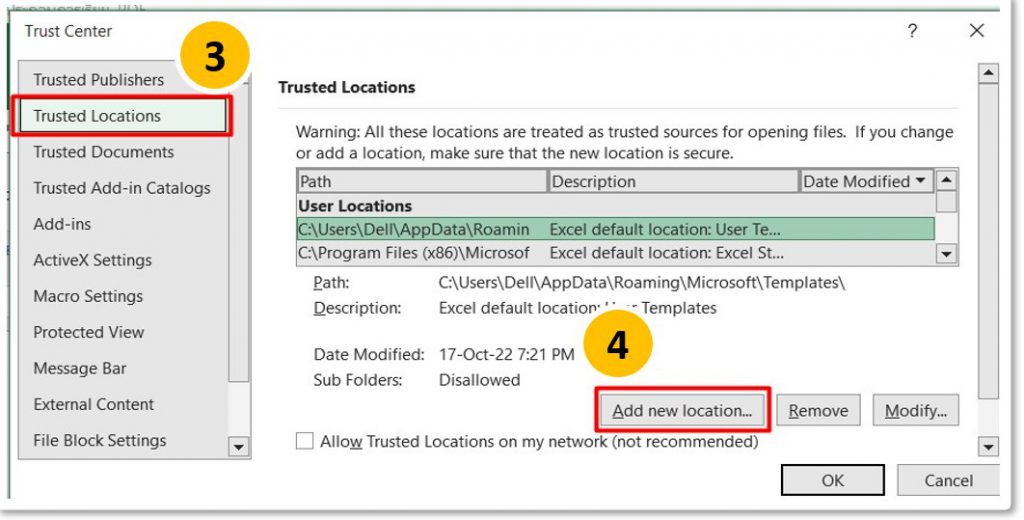 step 2) set the trusted locations: browse to the location